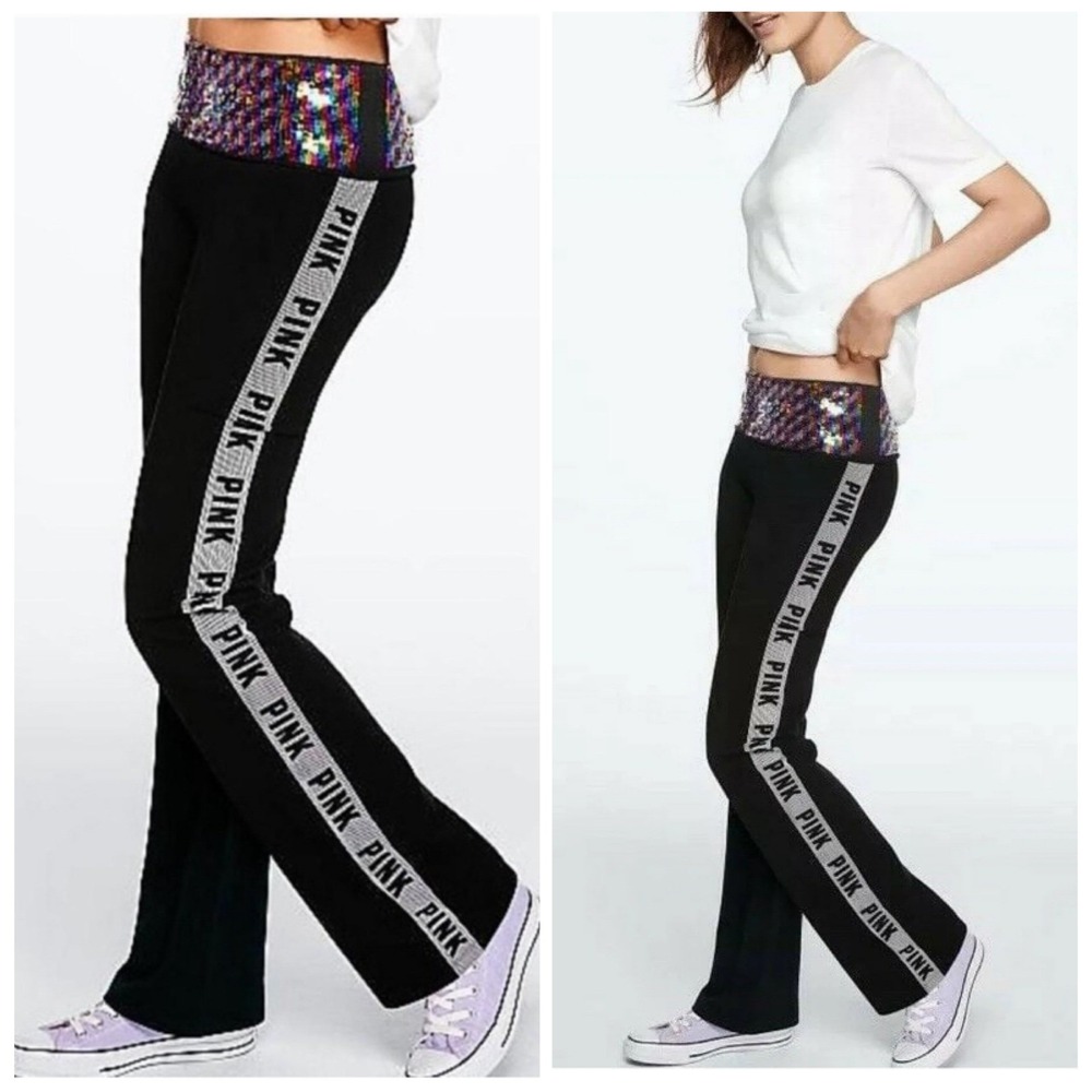Victoria's Secret Y2K PINK Yoga Fold Over Gold‎ & Rainbow Sequin Flared Leggings